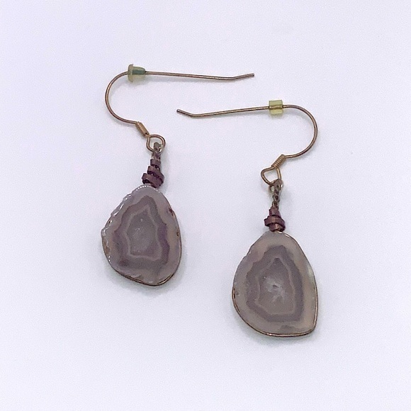 Lavender Sliced Geode Earrings Wrapped In Copper Fish Hook Pierced - Picture 1 of 2